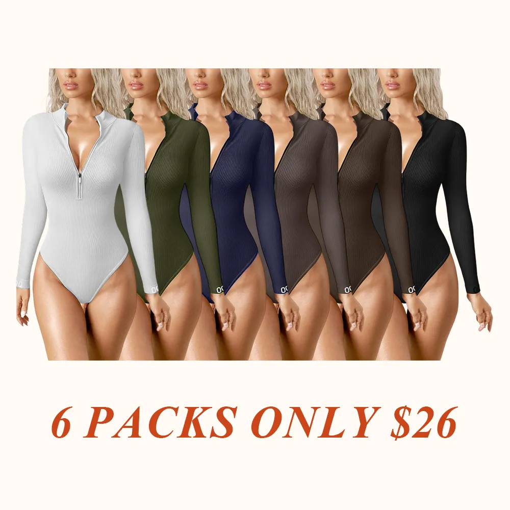 Women's 2 Piece Bodysuits Sexy Ribbed One Piece Zip Front Long Sleeve Tops Bodysuits