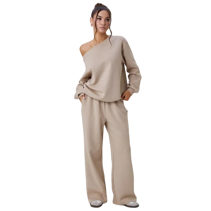 Women's Leisure Solid Color Sloping Shoulder Long Sleeve Top & Wide Leg Trousers Co-ord