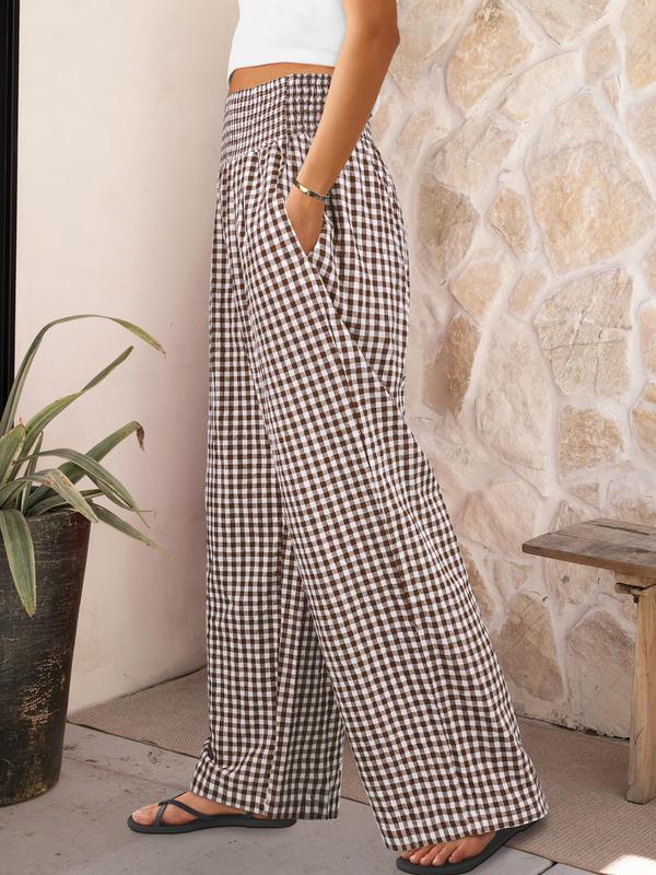 Women’s Gingham High-Waist Palazzo Lounge Pants with Pockets
