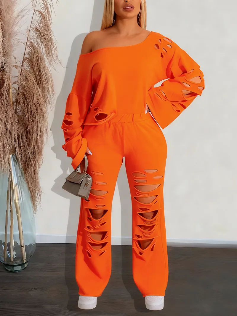 Women's Ripped Asymmetrical Neck Pullover & Wide Leg Pants Set