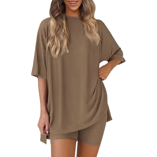Women's Summer Two-Piece Lounge Set – Oversized Top & Biker Shorts, Soft & Comfy