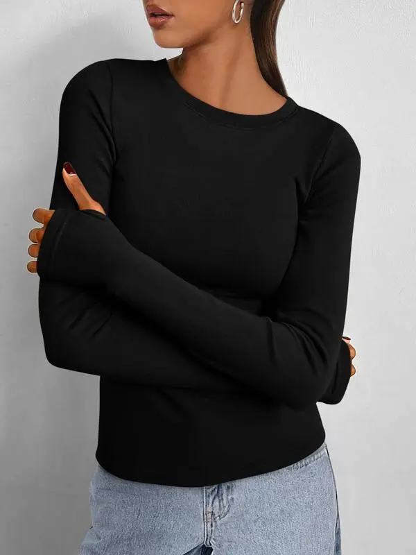 Women's Casual Long Sleeve Crew Neck Top - Slim Fit Basic Going-Out Blouse for Summer & Fall