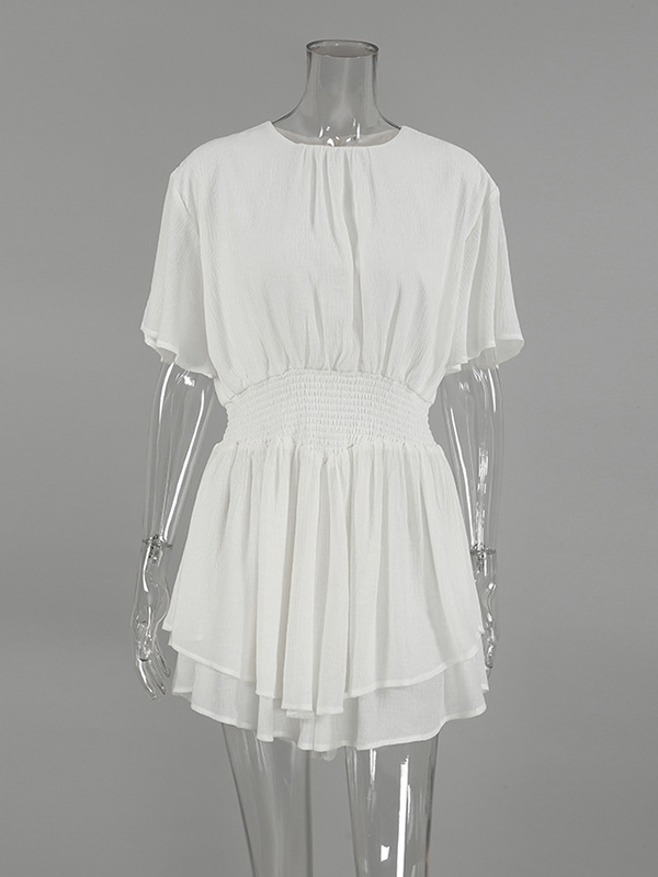 Falbala Solid Color Wrap Round-Neck Mini Dresses