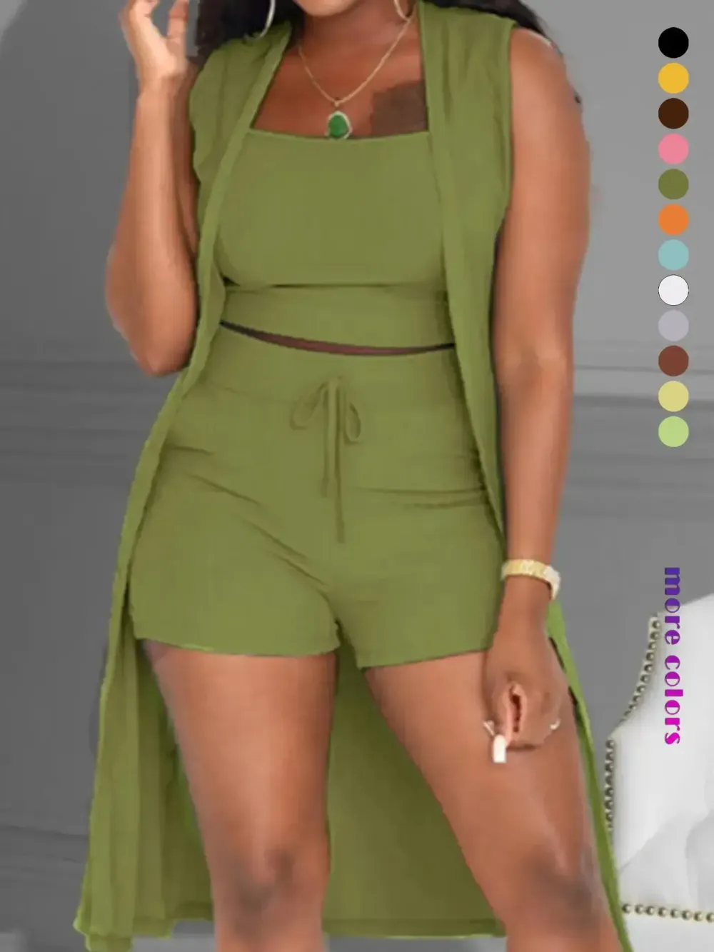 Three-Piece Set Women's Solid Ribbed Co-ord Set, Casual Crop Tank Top & Drawstring Waist Shorts & Vest Coat Set for Daily Wear