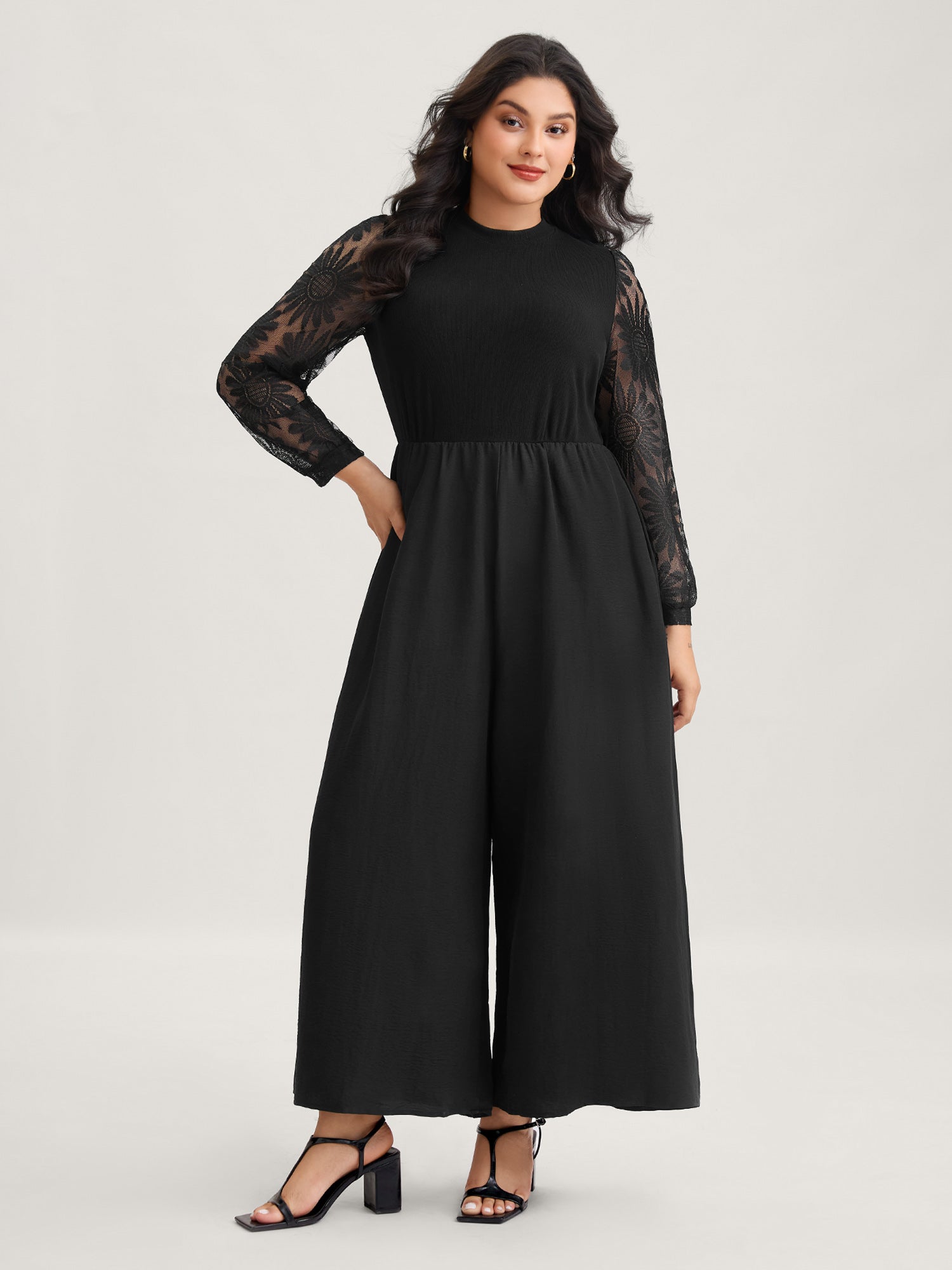 Crochet Lace Mesh Mock Neck Jumpsuit