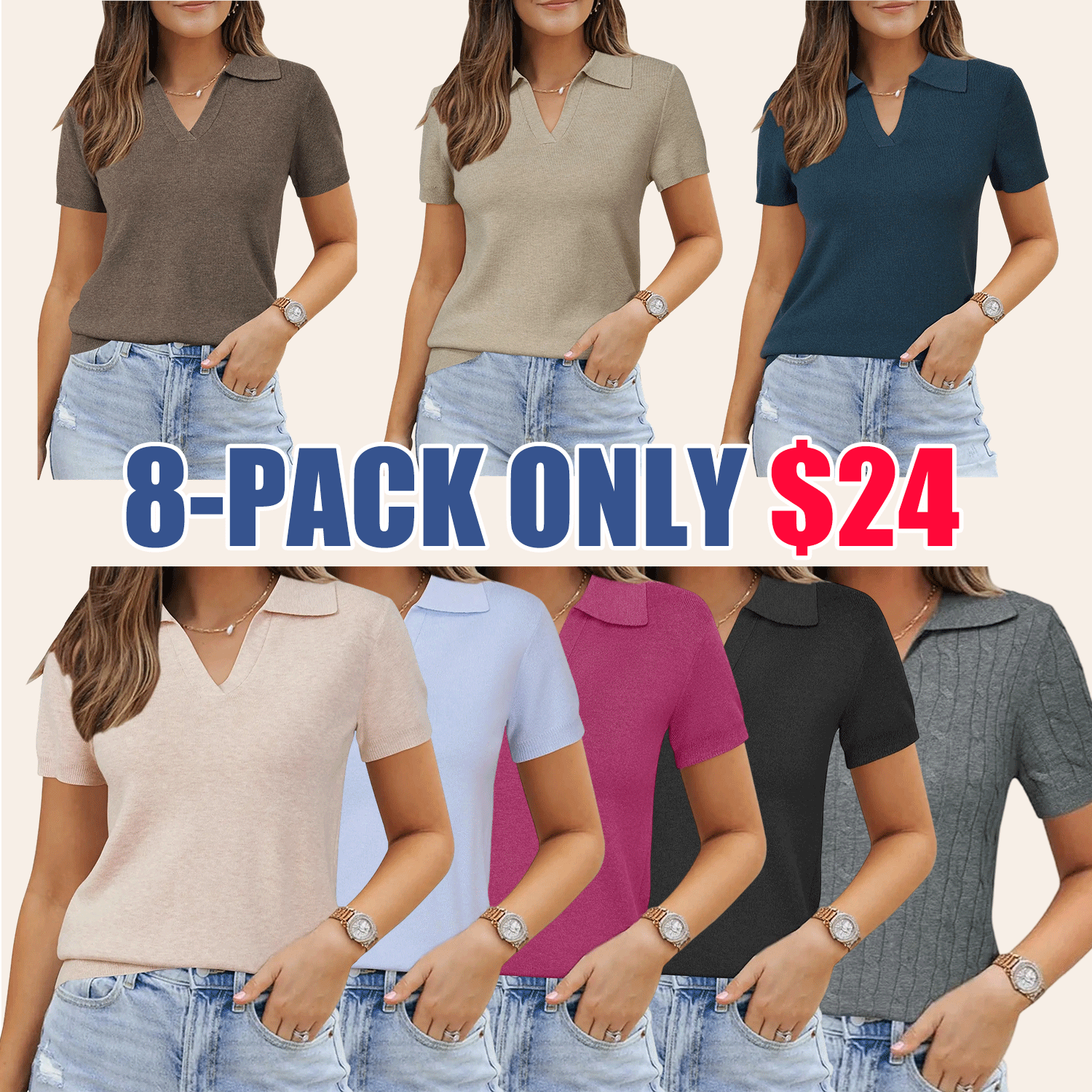 🔥Womens Wool Blend Polo Shirts Summer Sweater Tops Short Sleeve