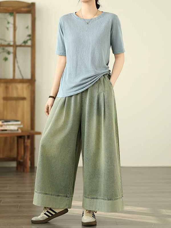 Elasticity Pleated Pockets Loose Wide Leg Trousers Jean Pants Bottoms