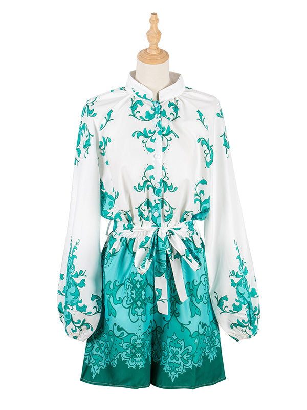 Vacation Puff Sleeves Loose Printed V-Neck Jumpsuit