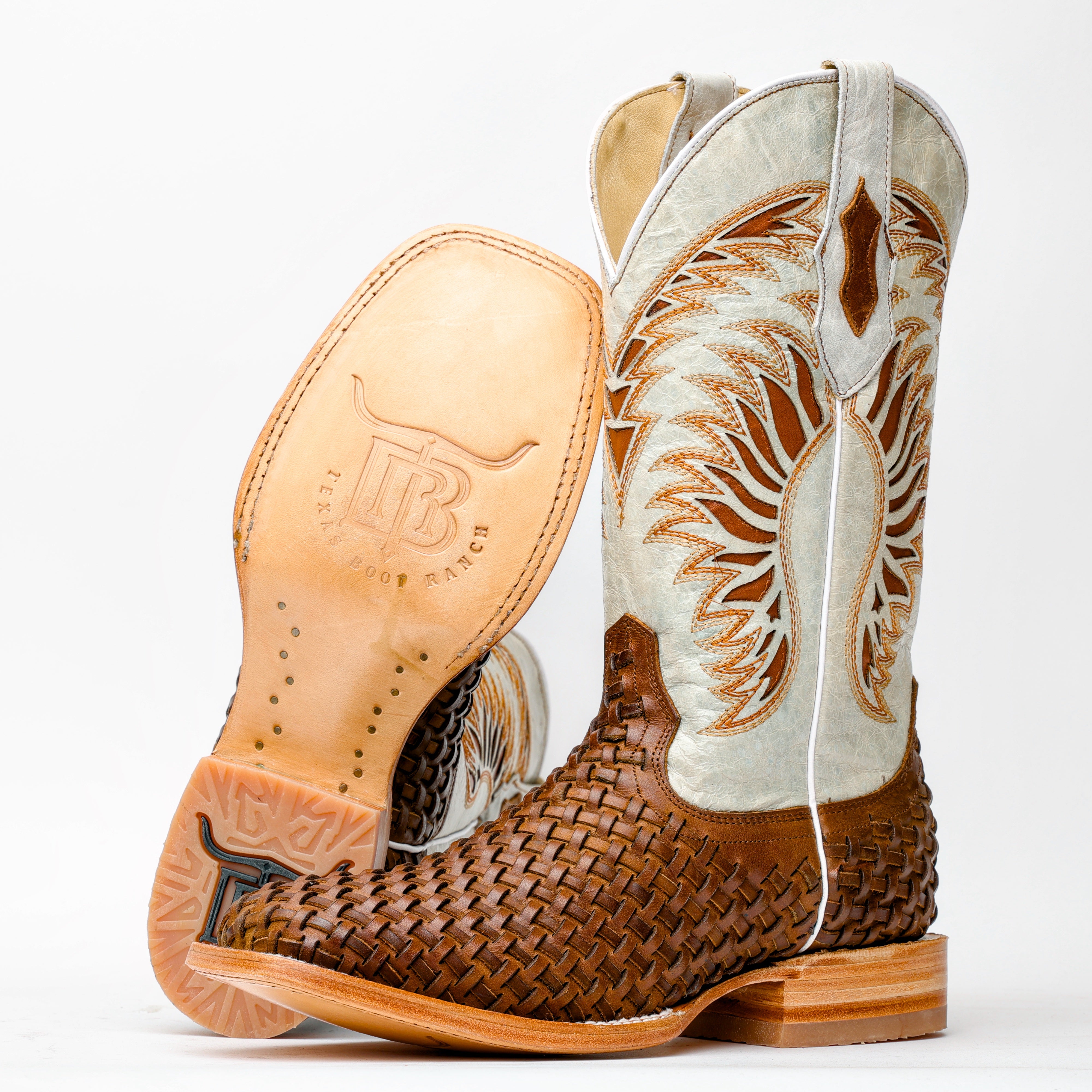 Tan Basketweave Leather Boots - Square Toe