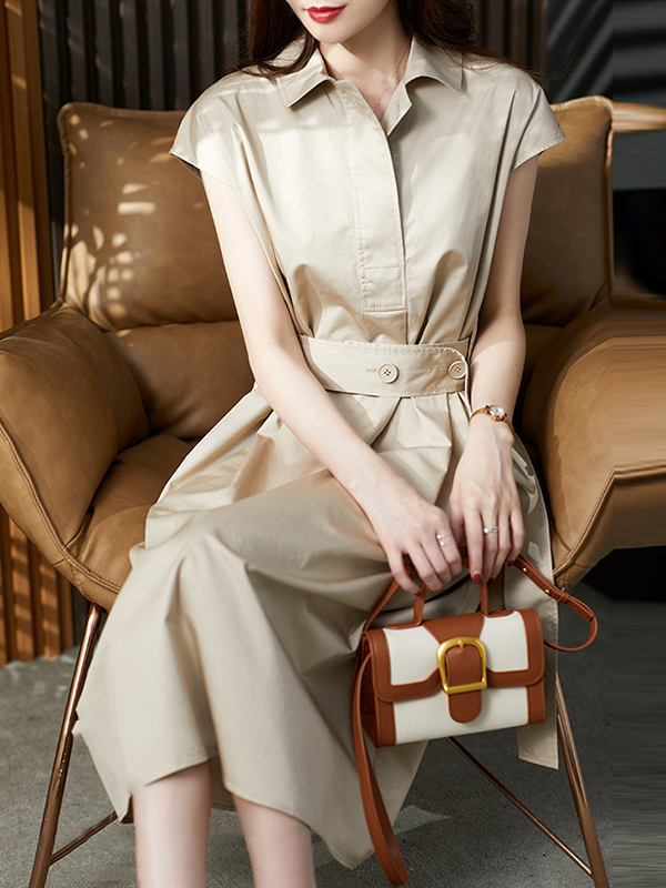 Bandage Solid Color Plus Size Short Sleeves Lapel Midi Dresses