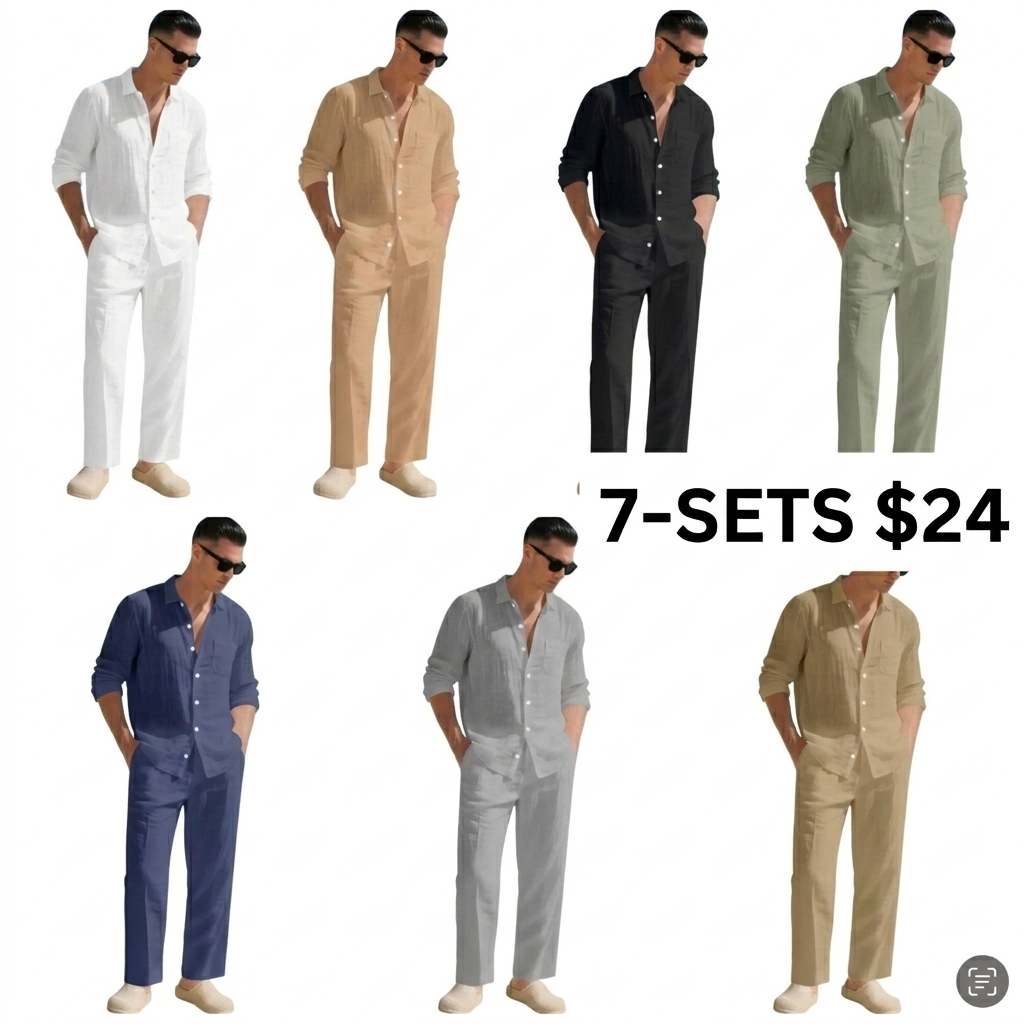 Men's Summer Linen Shirt & Pants Set, Casual Long Sleeve Beachwear, Comfortable Fashion Clothing for Vacation