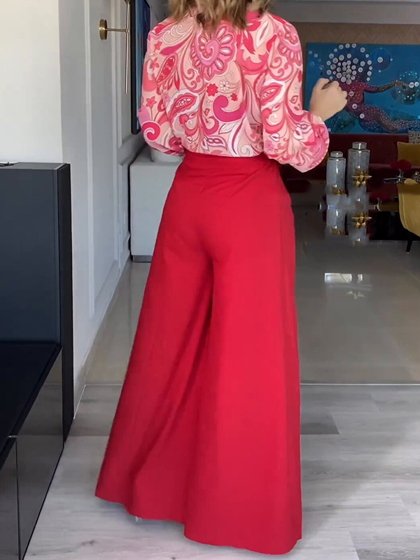 Printed Buttoned Lapel Blouse + Tied Waist High Waisted Wide Leg Pants Two Pieces Set