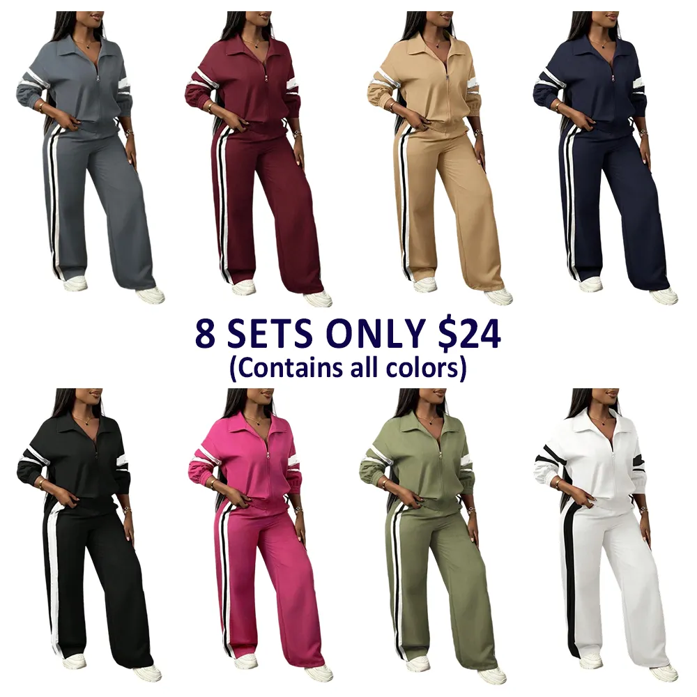 Women'S Zipper Jacket & Striped Wide-Leg Pants Set, Streetwear & Casual, Two-Piece Suit For Daily Wear
