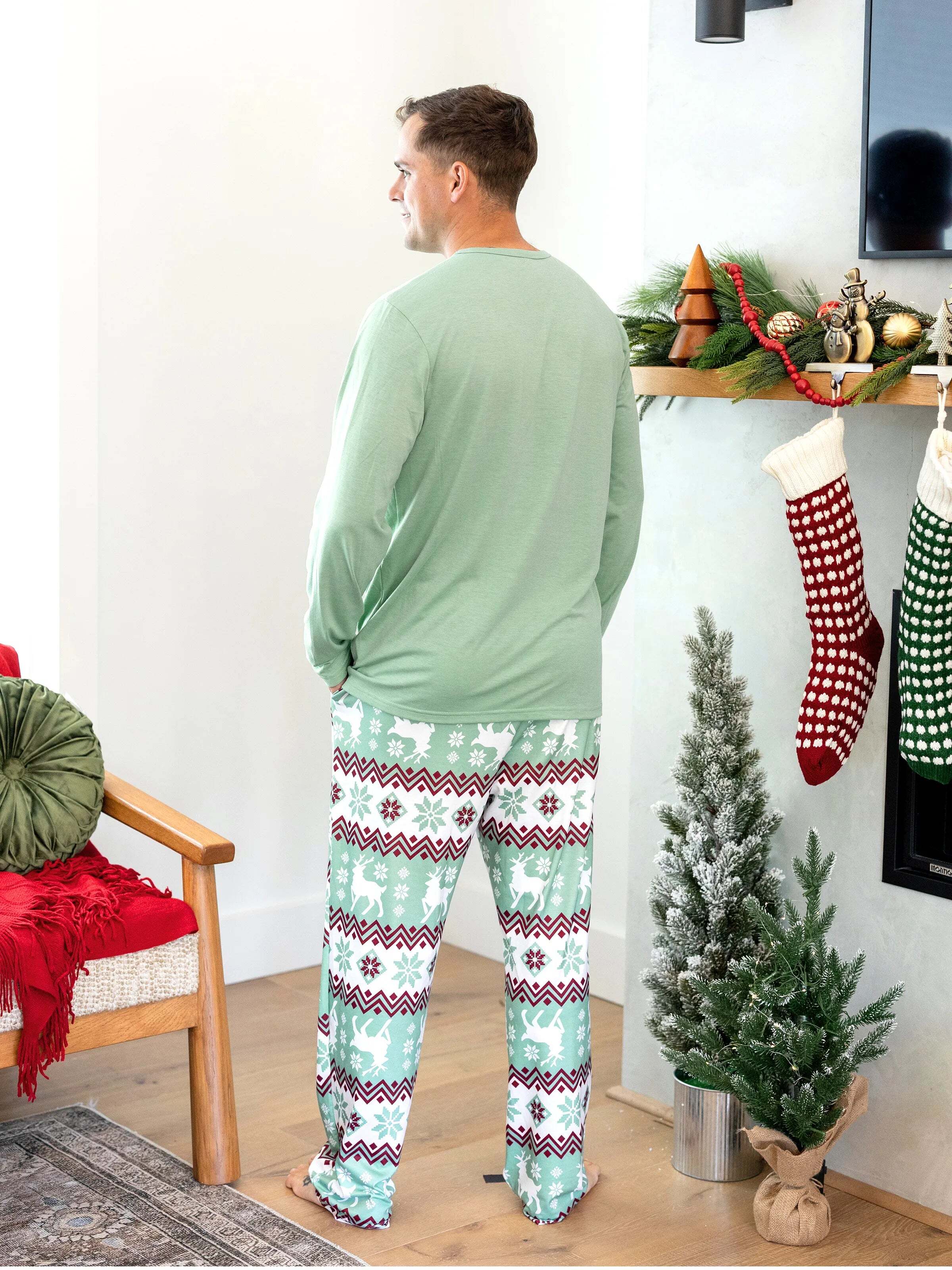 Christmas Matching Family Pajamas Set Christmas Spirit and Snowflake Print PJS with Christmas Socks Pale Green