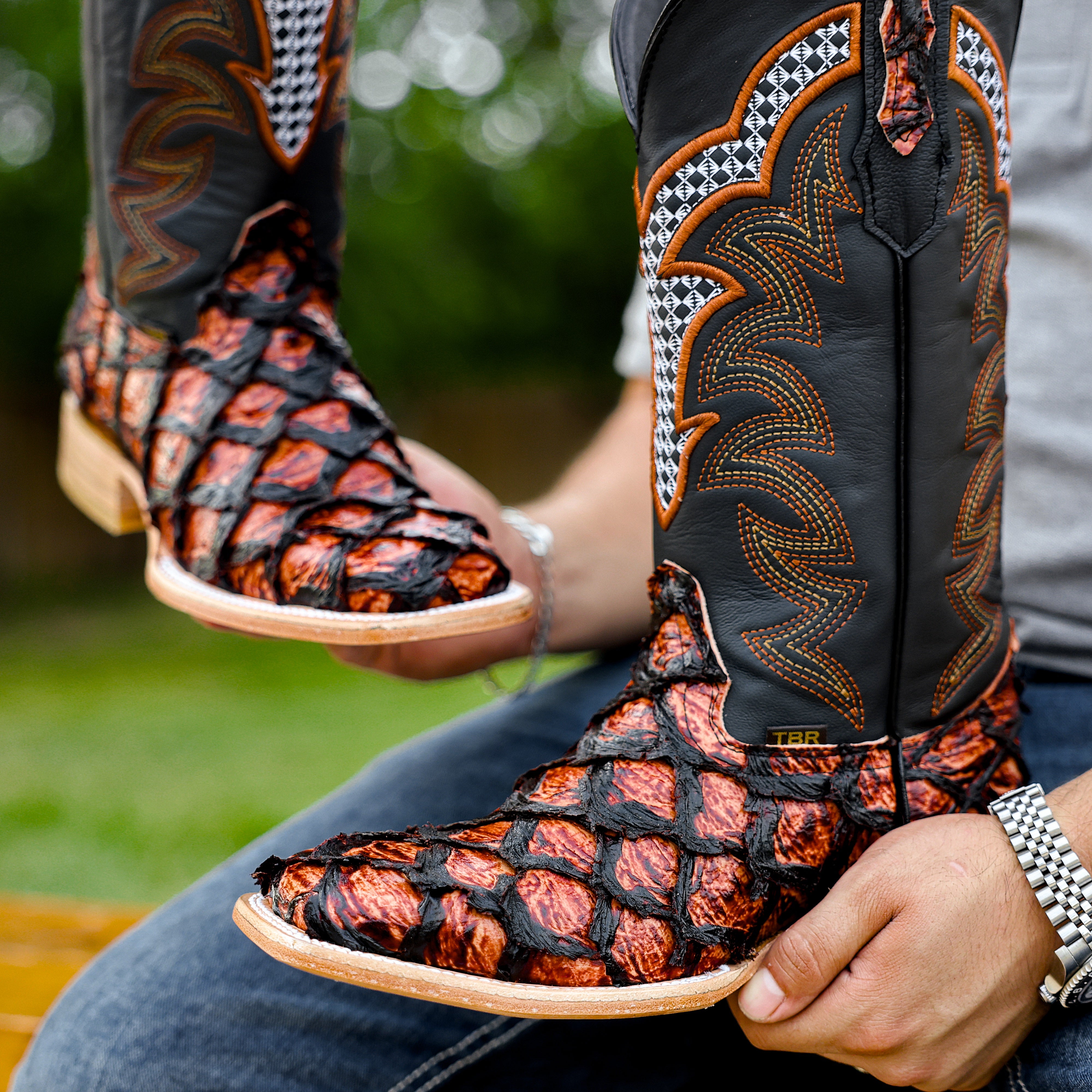 Cognac Jumbo Pirarucu Leather Boots - Square Toe