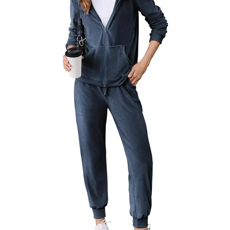 Women's Casual Velour Tracksuit Set Full Zipper Hoodie