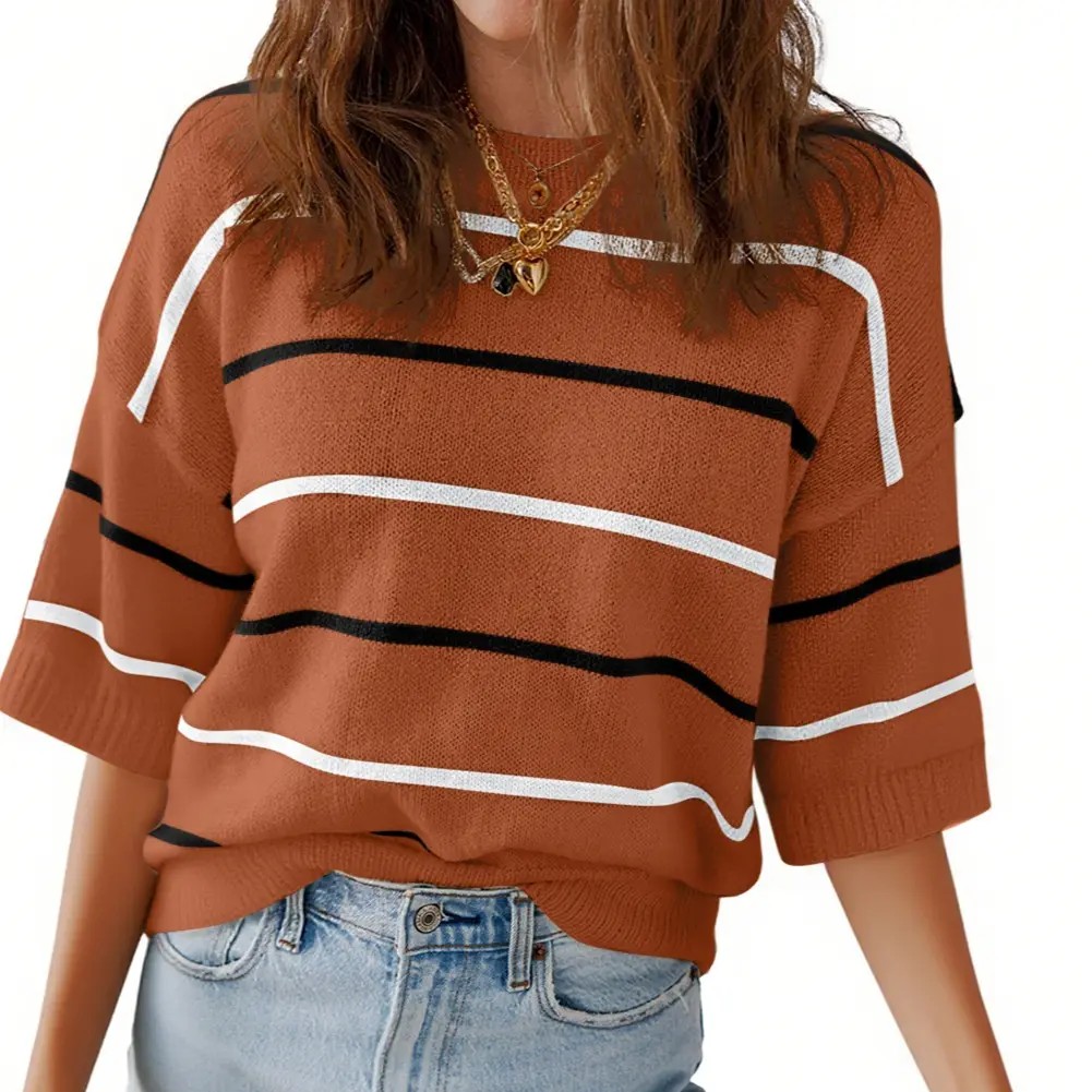 2026 Spring/Summer Women's Short Sleeve Striped Sweatshirt - Soft Breathable Fabric Crew Neck Pullover Top for Daily Wear