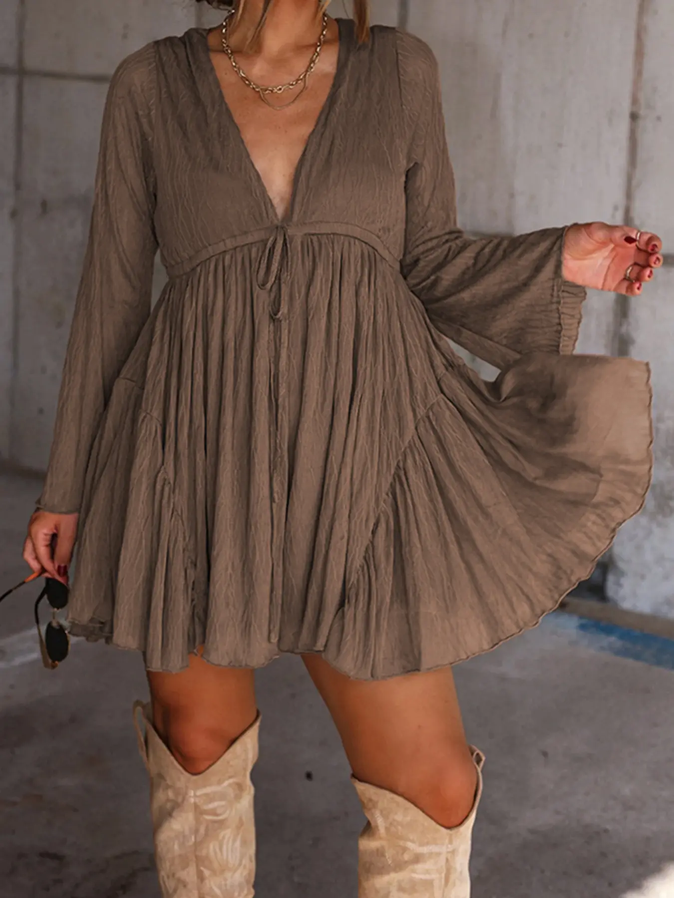 Women's V Neck Long Sleeve Dress with Pants Lining