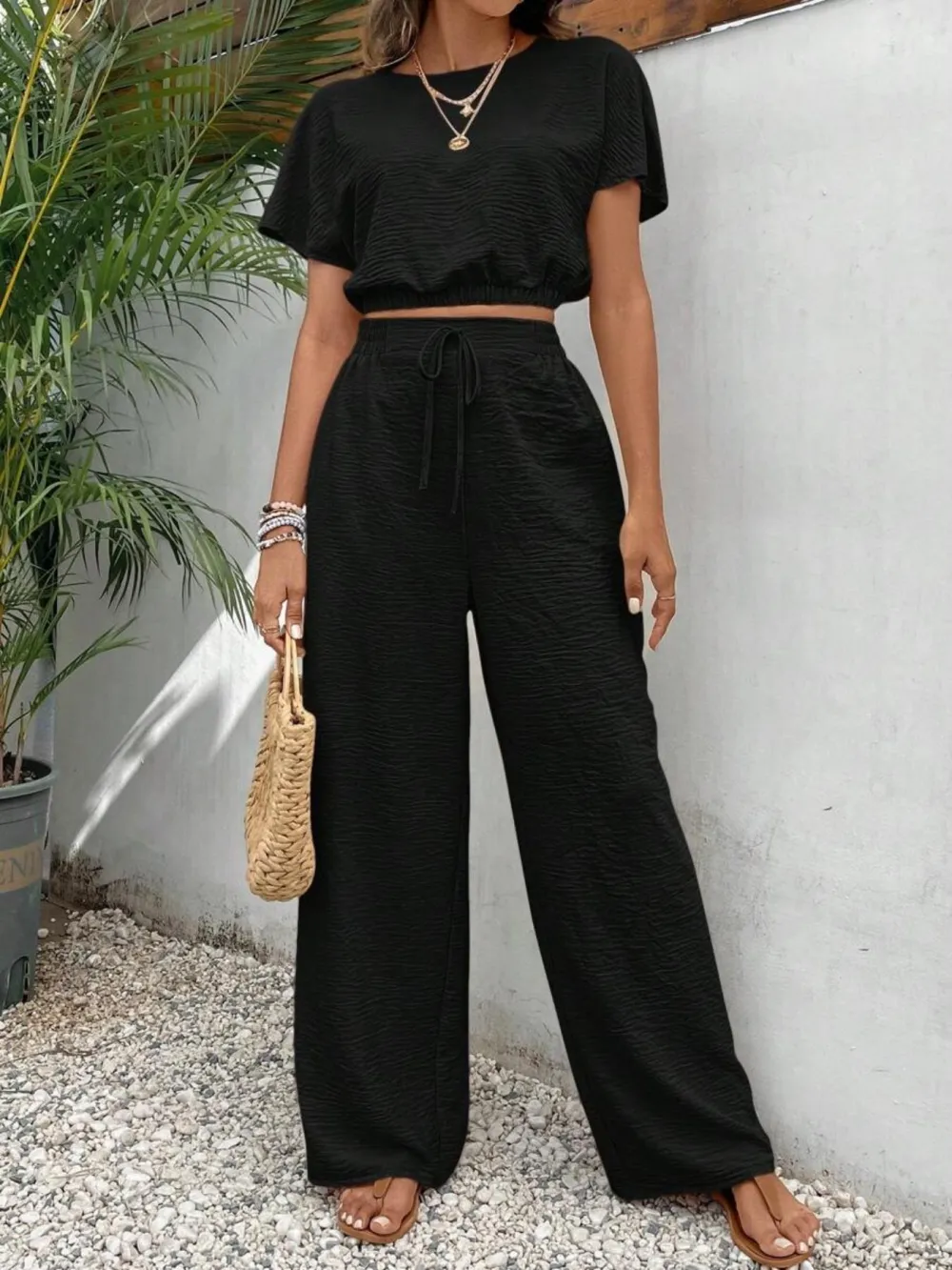 Women's Solid Color Fitted Top & Wide Leg Pants Two-piece Set, Casual Round Neck Top & Drawstring Waist Trousers for Summer