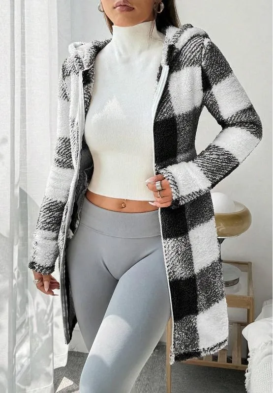 Women's Plaid Fleece Long Sleeve Hooded Coat