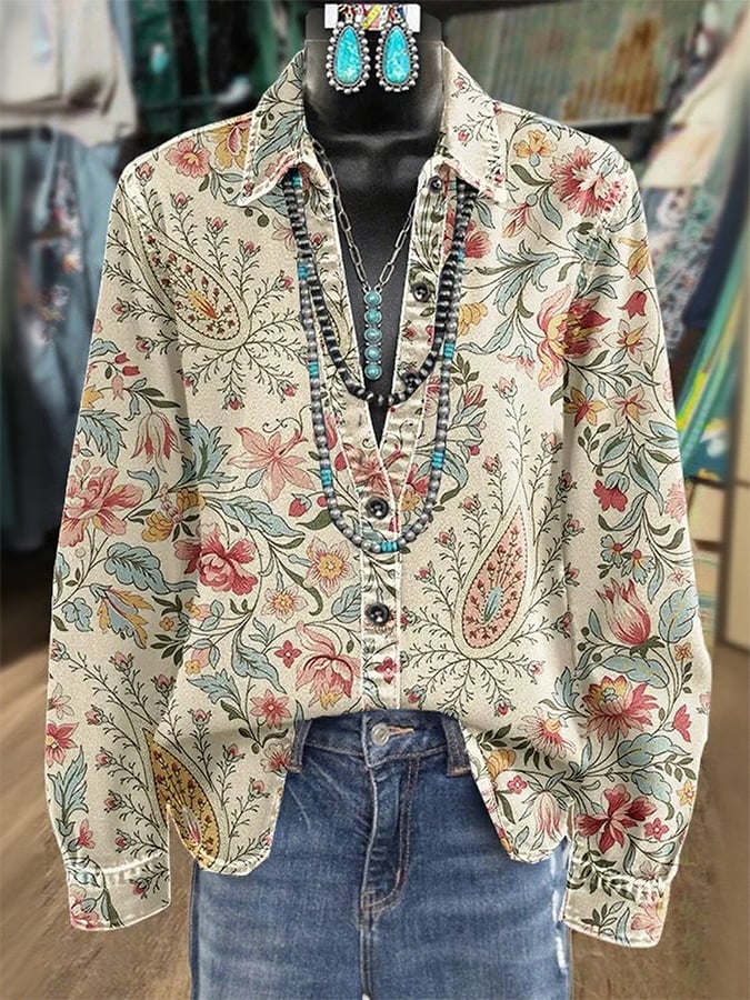 Women's Retro Western Floral Print Shirt