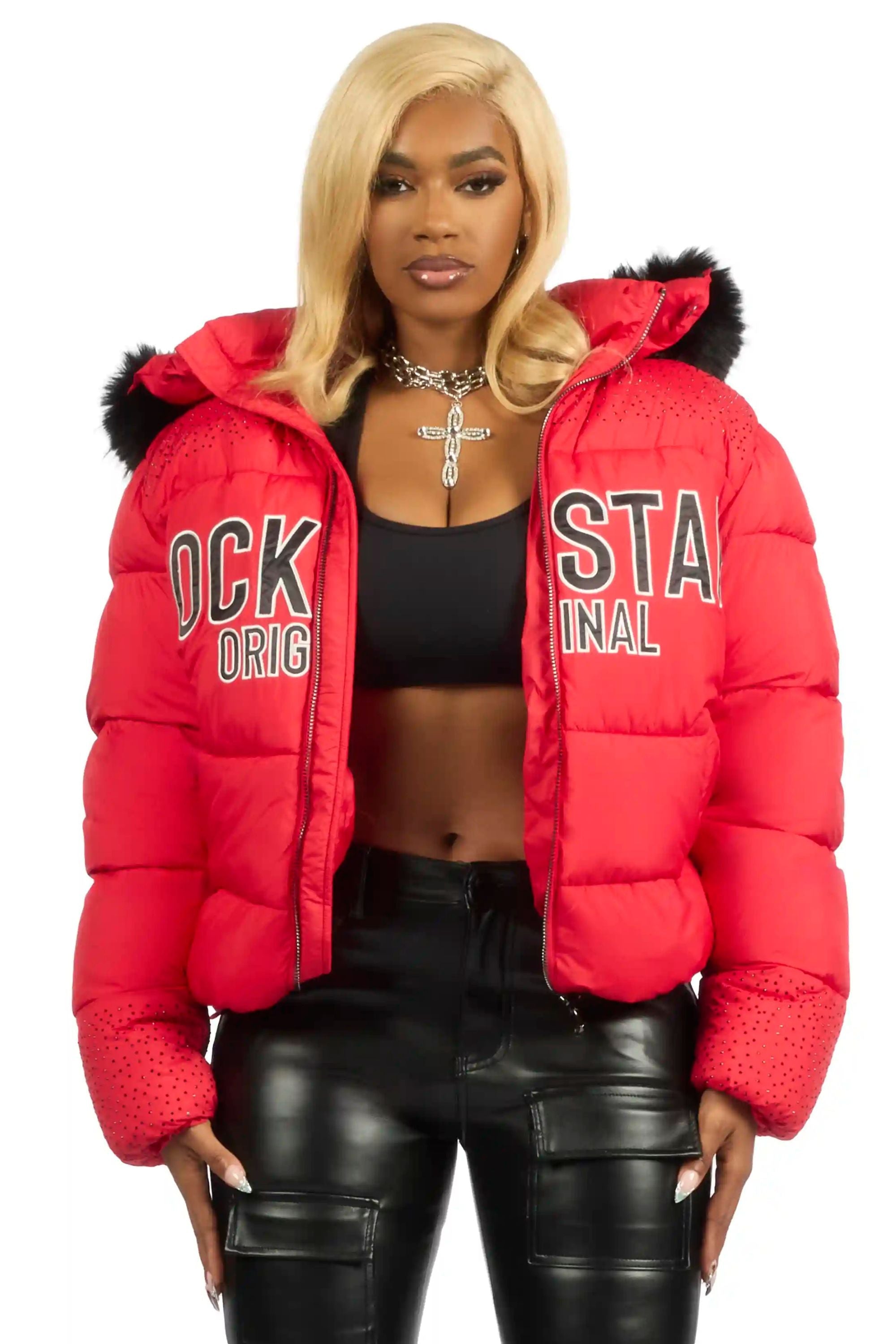 Natia Red Oversized Rhinestone Puffer Jacket