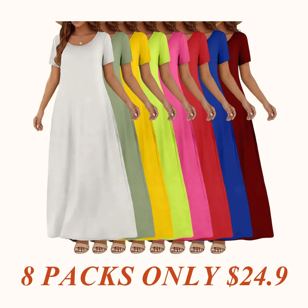 Women's Casual Commuter Plain Minimalist Short Sleeve Dress with Pockets, Loose Fit Summer & Fall, Essential Beachwear