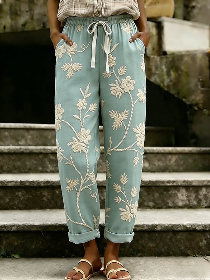 Women's Retro Botanical Floral Art Print Design Casual Pants- Fast Shipping