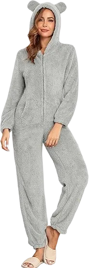 Women's Solid Zipper Hooded Plush Pajama Jumpsuit