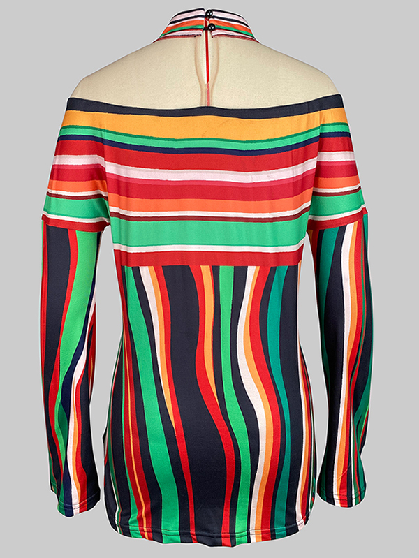 Long Sleeves Loose Contrast Color Striped Halter-Neck T-Shirts Tops