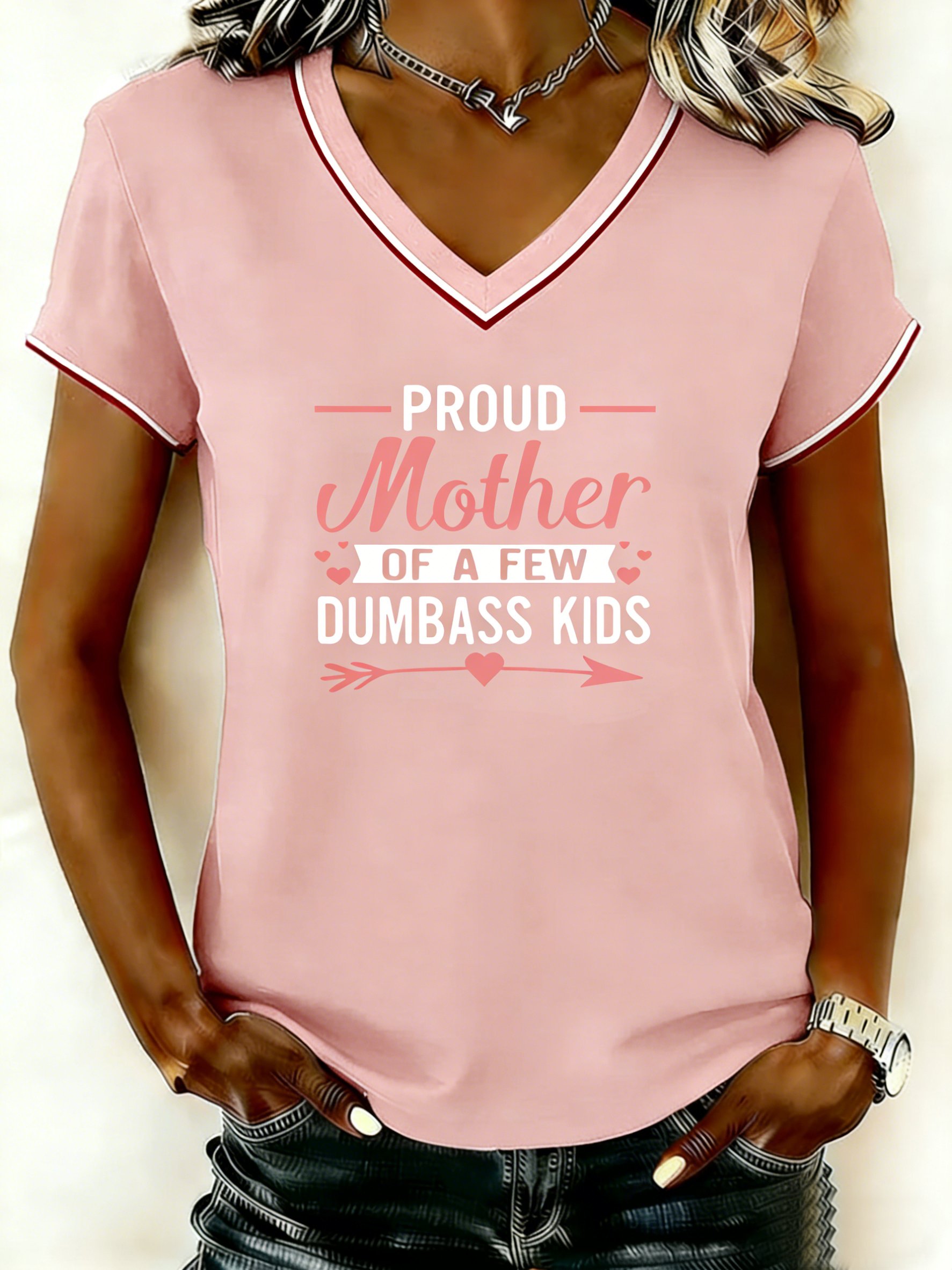 Mother's Day Letter Pattern Short Sleeve V Neck Loose  Casual T-Shirt