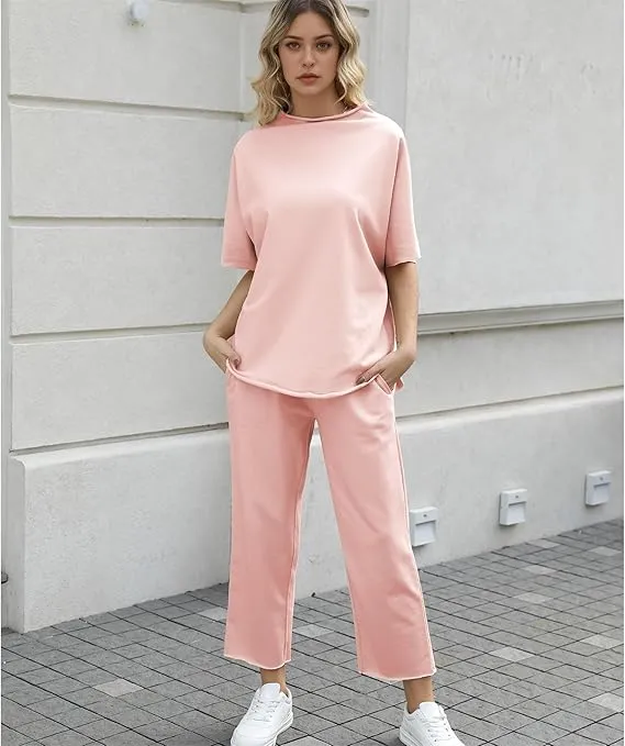 Women's 2 Piece Outfits Lounge Set 3/4 Batwing Sleeve Capelet Crew Neck Pullover Tops Wide Leg Pants