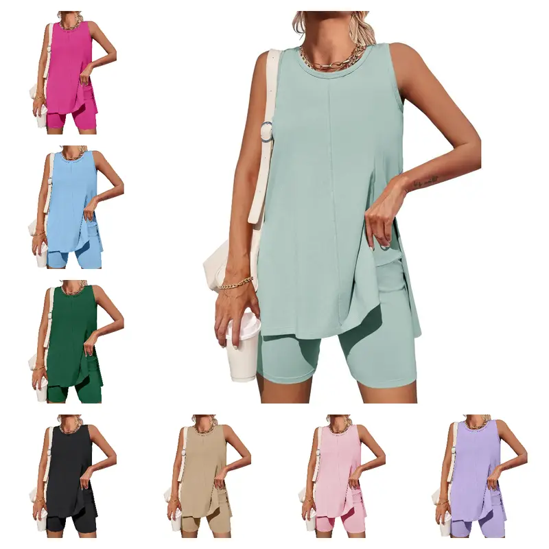 Yousify Women's Summer 2 Piece Outfits Sleeveless High Low Spilt Hem Tank Top Biker Shorts Sets Lounge Set Tracksuit