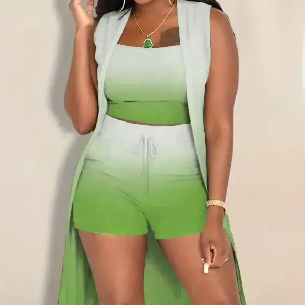 Women's Ombre 3-Piece Outfit Set | Cropped Vest, Shorts & Kimono Cover-Up, Summer Beach & Lounge Wear