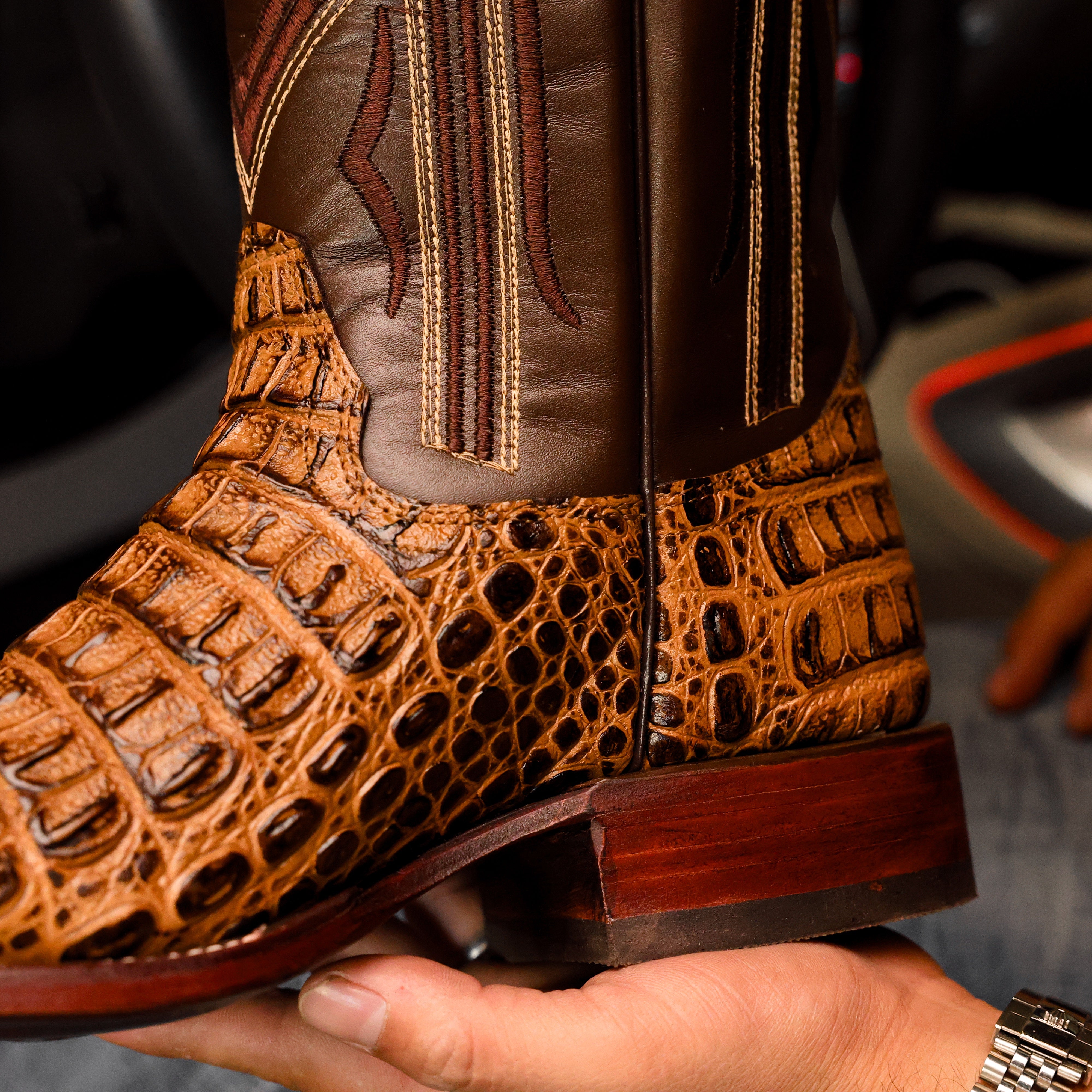 Honey Caiman Hornback Leather Boots - Square Toe