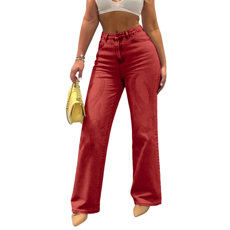 Y2K streetwear inspiration, women's embossed flame pattern jeans