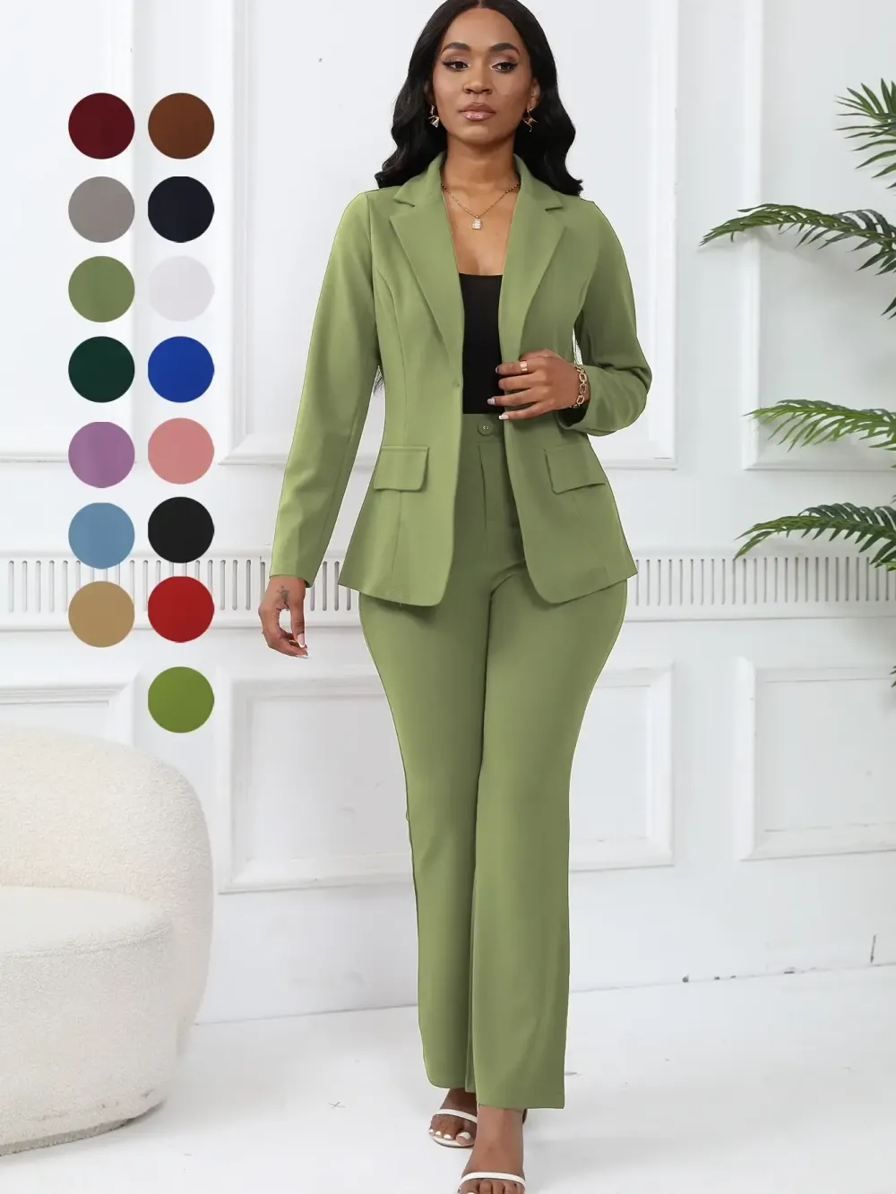 Women's Two-Piece Set Plain Button Lapel Blazer & Suit Pants, Elegant Business Casual Long Sleeve Outerwear