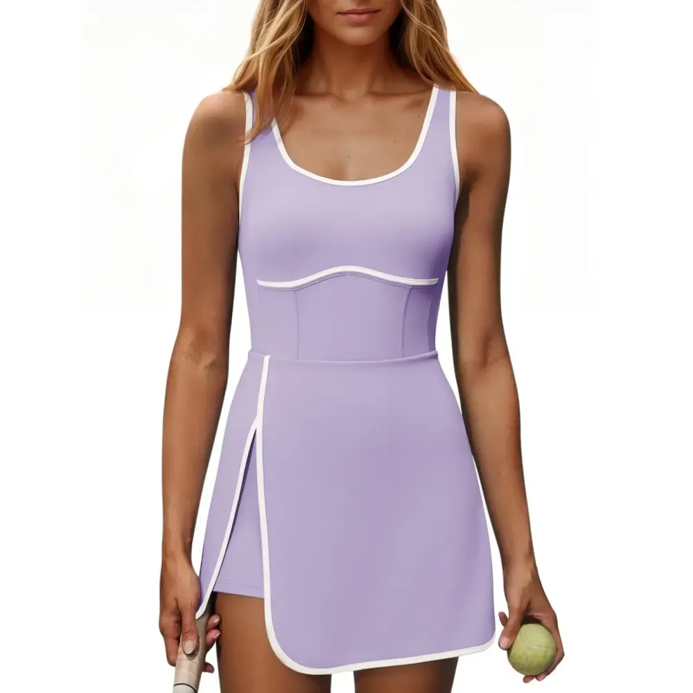 Womens Workout Tennis Dress with Built-in Bra & Shorts Pockets Sleeveless Cutout Golf Athletic Mini Dresses