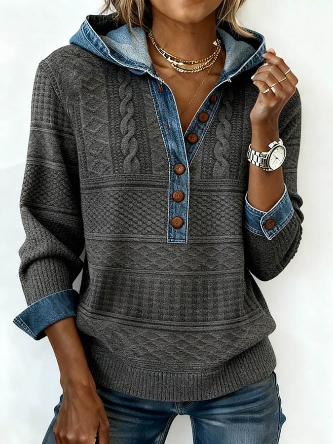 Women's Casual Hooded Collar Patchwork Print Pullover Top