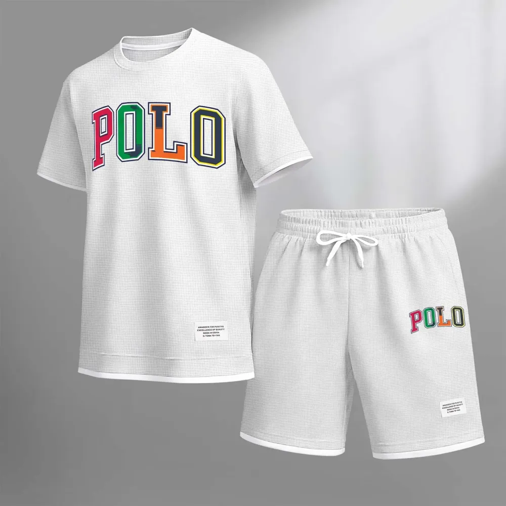 Men's Polo Print Drawstring Shorts Set For Spring/Summer. A Casual Summer Outfit, Including A Short-Sleeved Shirt And Shorts