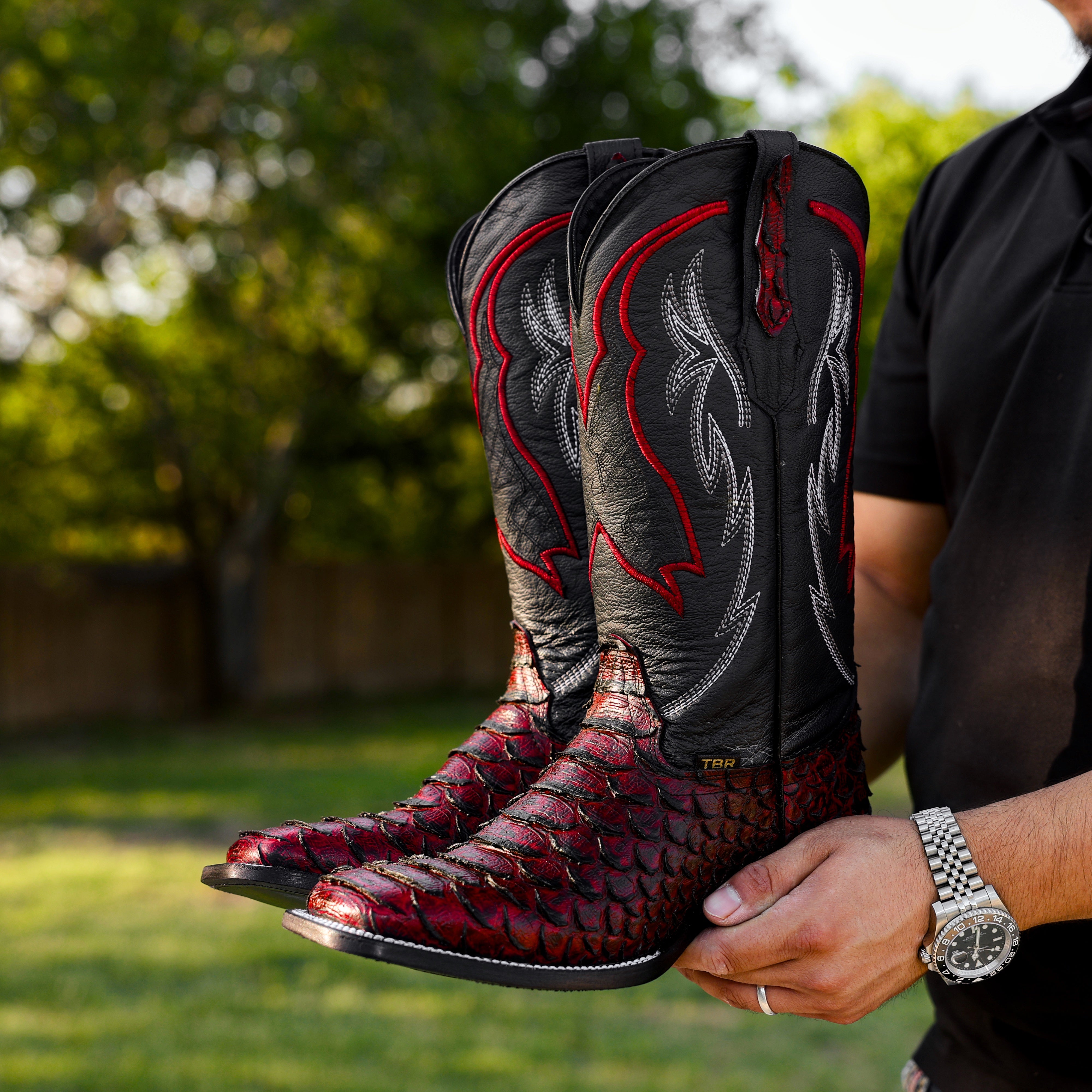 Black Cherry Python Leather Boots - Square Toe