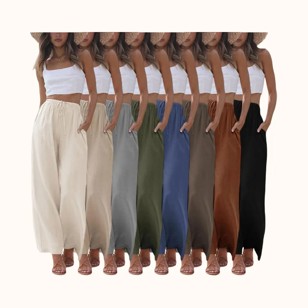 Women's Cotton Linen Summer Palazzo Pants Flowy Wide Leg Beach Trousers with Pockets Casual Womenswear