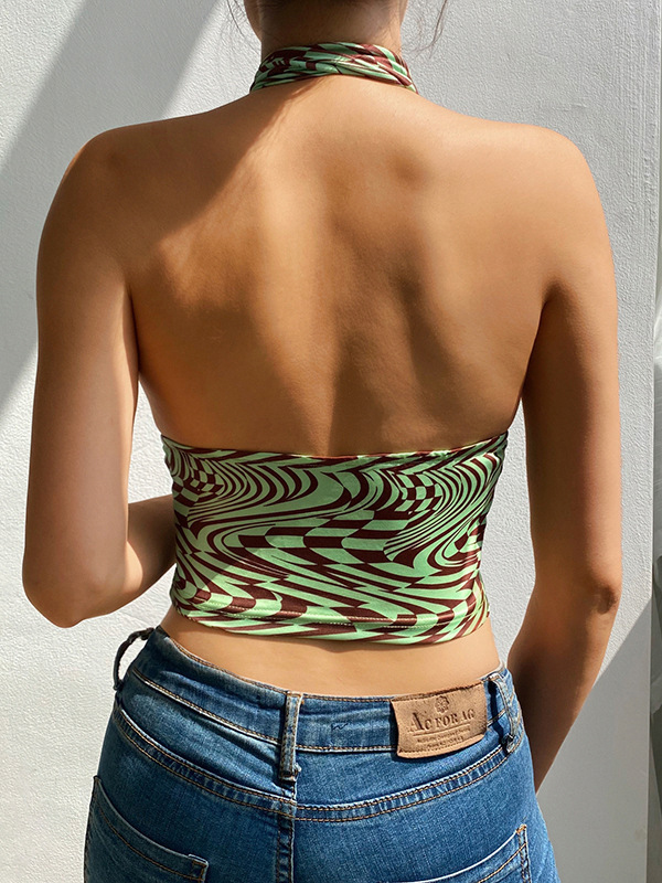 Backless Hollow Printed Skinny Sleeveless Halter-Neck Vest Top