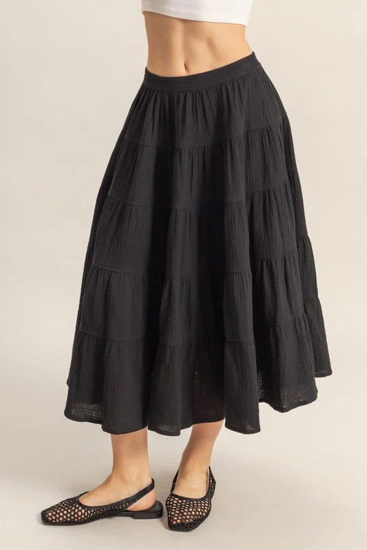 Double Gauze Tiered Midi Skirt with Pockets