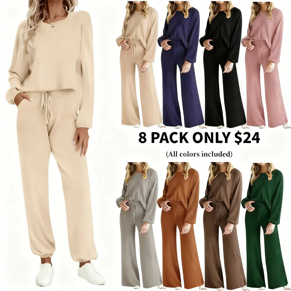 Womens Fall Winter Casual Solid Knitted 2 Piece Sets Long Sleeve