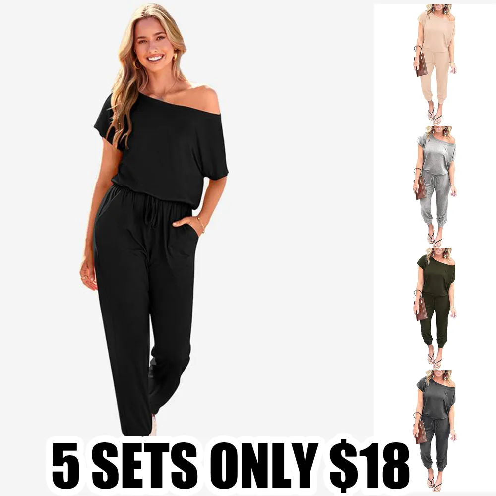 Women's Plus Size Off-Shoulder Jumpsuit – Summer Casual Romper with Elastic Waist, Fake Drawstring & Pockets