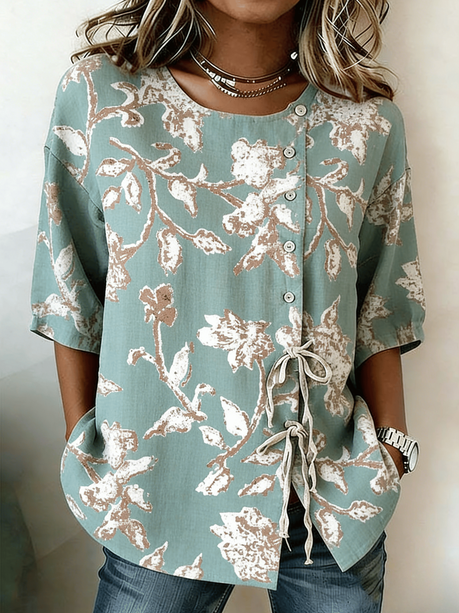 Women's Literary Retro Floral Print Tie Waist Linen Style Blouse