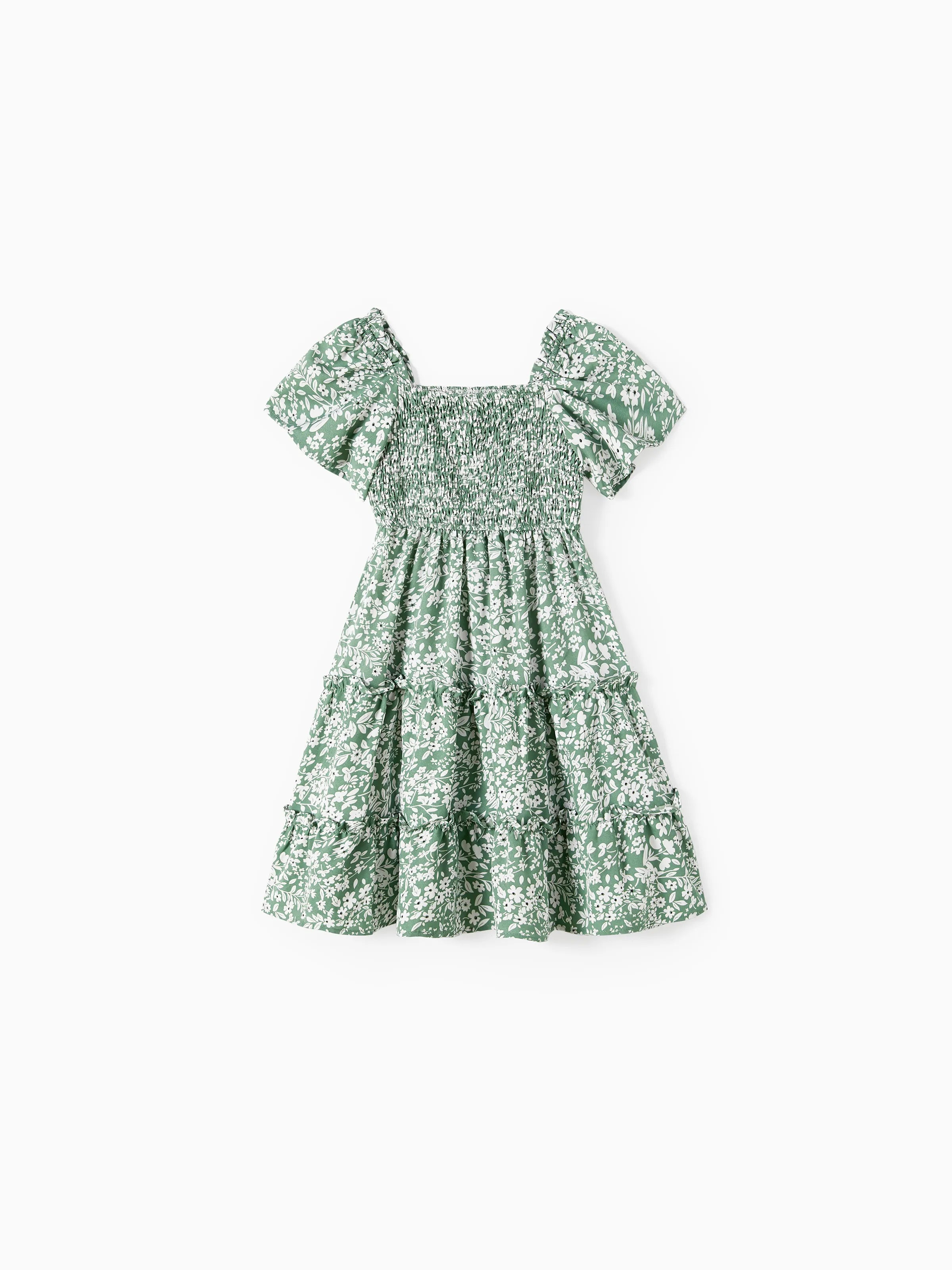 Elegant Broken Flower Matching Outfits for Family, Smocking Design, Medium Thickness Green