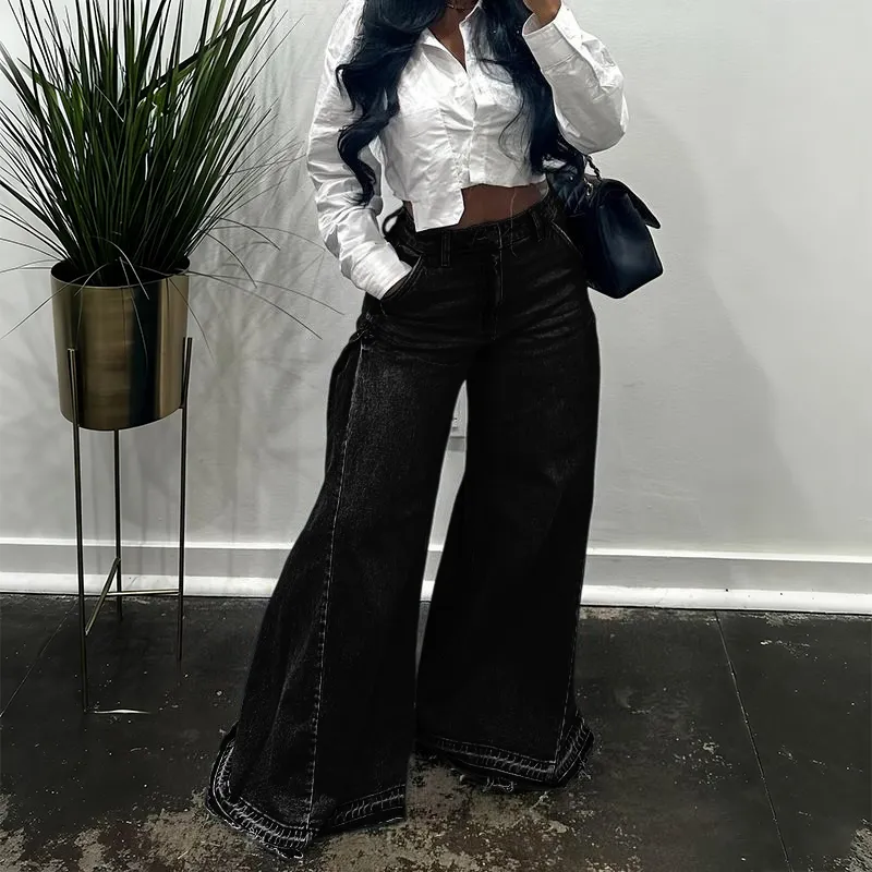 Women Flared Wide Side Loose Jeans High Waist