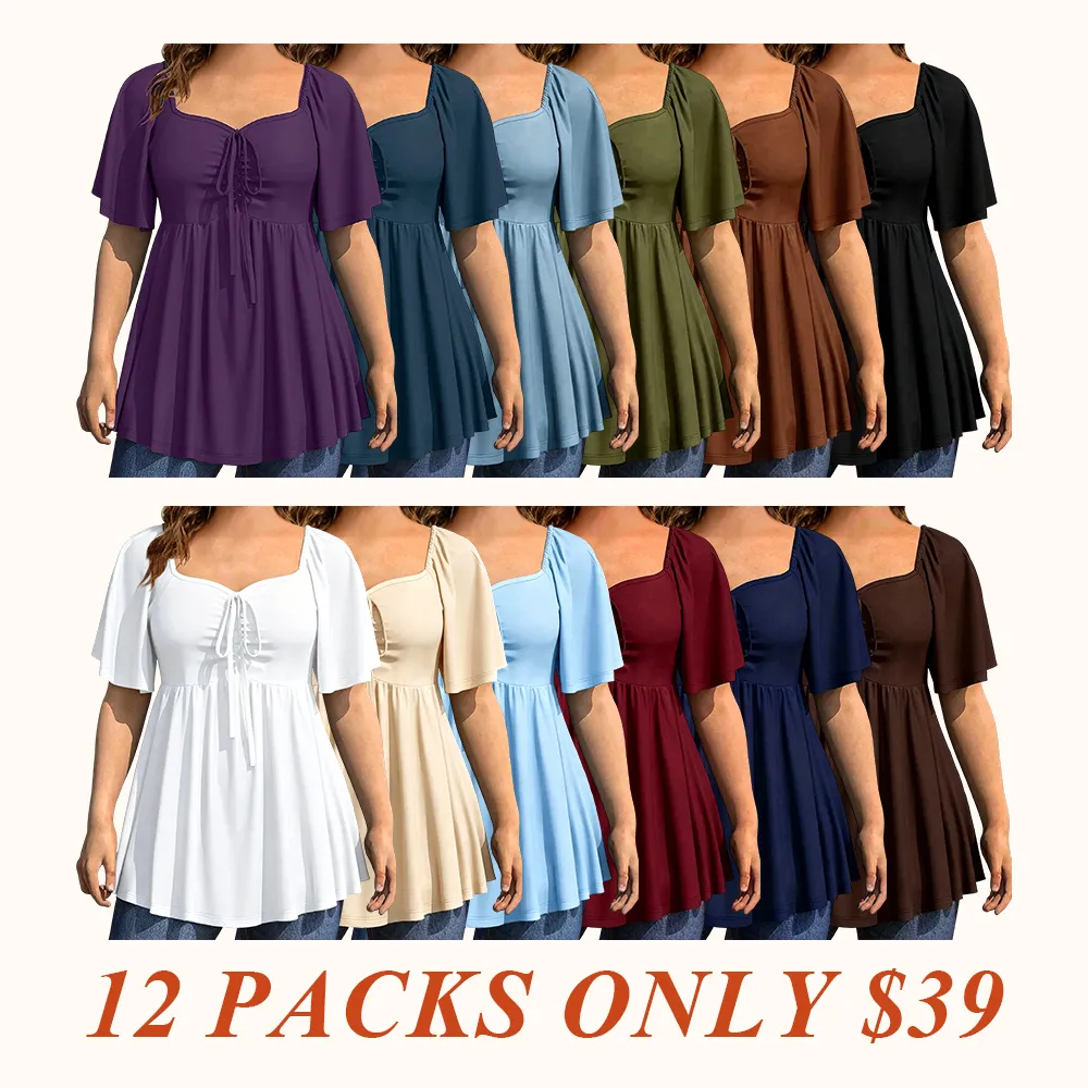 Plus Size Solid Color Rhinestone Collar Tie Front Short Sleeve Simple Casual T-Shirt